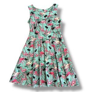 Print Fit & Flare Dress Sleeveless Aqua Pink Retro Sundress Small Medium